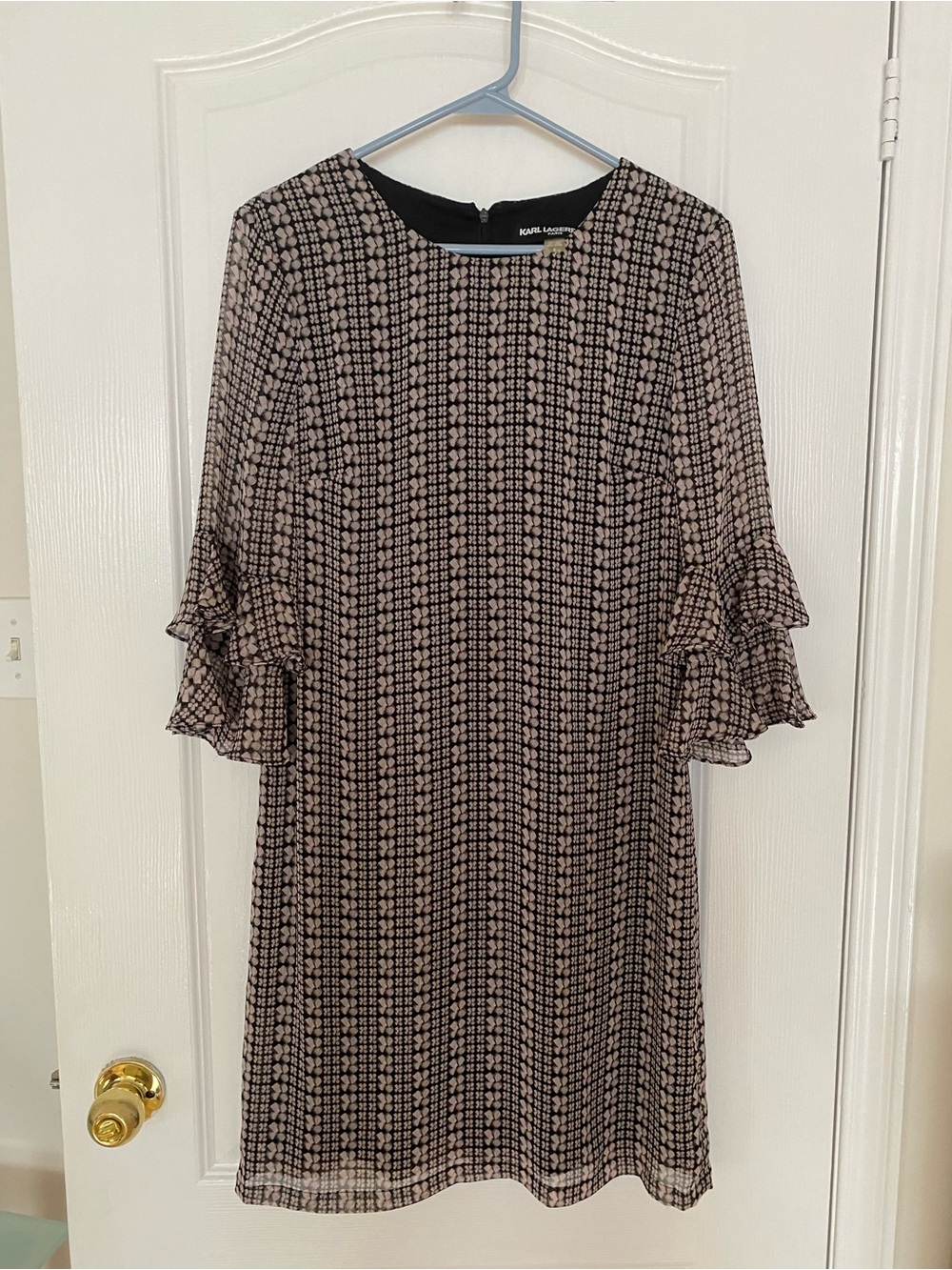 Karl Lagerfeld Black and Pink Patterned Ruffle-Sleeve Midi Dress